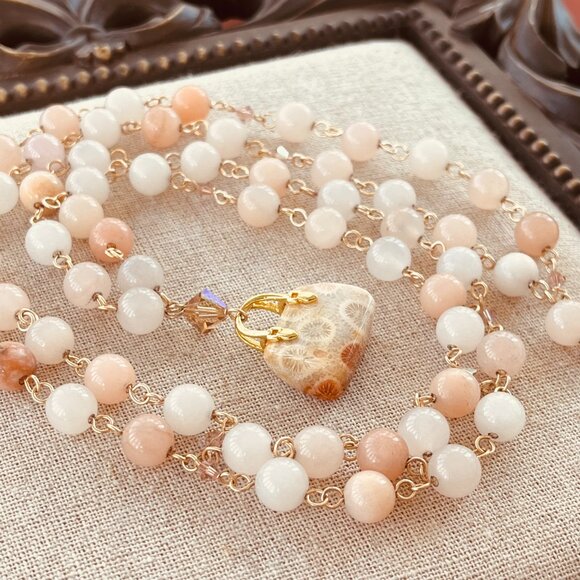 Gemstone Necklace, Peach Aventurine, Fossilized Coral Pendant, Swarovski Crystal - Picture 2 of 7